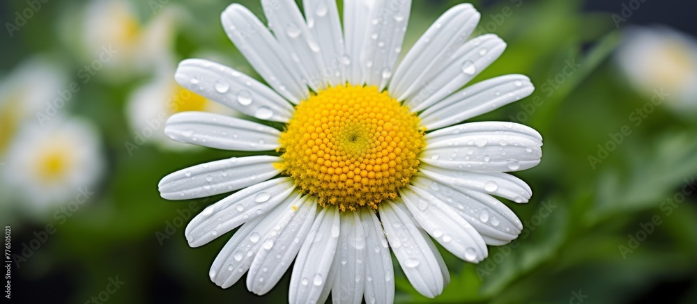 Fototapeta premium Beautiful close-up of a white flower featuring a vibrant yellow center, creating a stunning contrast in nature