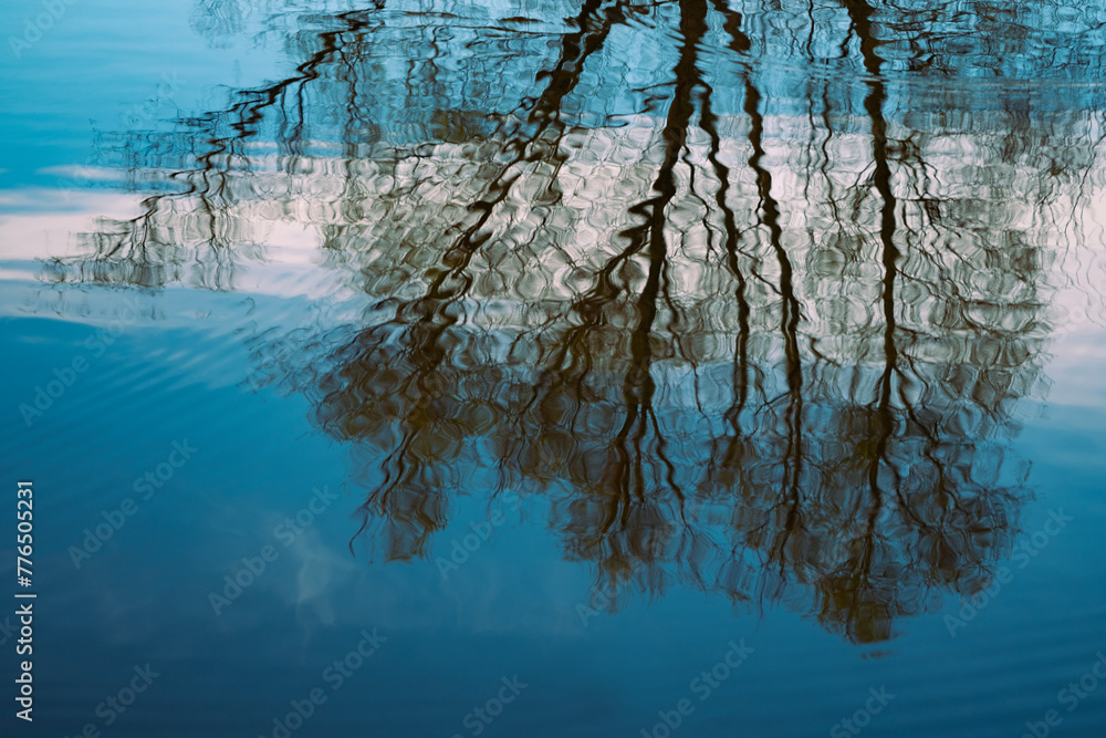 mesmerizing scene lake or pond with wavy reflections tree branches in rippling water, blue sky creates sense tranquility and peace, while ripples add touch movement and dynamism, tranquil mesmerizing scene lake or pond with wavy reflections tree branches in rippling water, blue sky creates sense tranquility and peace, while ripples add touch movement and dynamism, tranquil