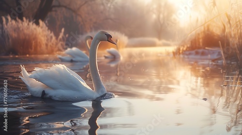 Swans gliding gracefully across a still river