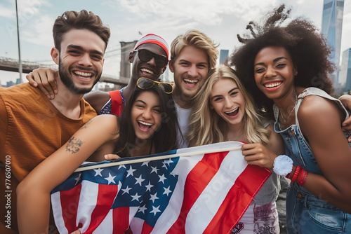 Excited happy multiracial friends different ethnicities and skin colors with American USA Flag celebrating 4 july at New York streets at summer sunny day photo