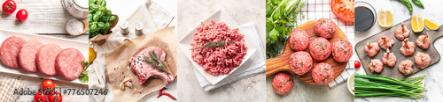 Collage of fresh meat on light background photo