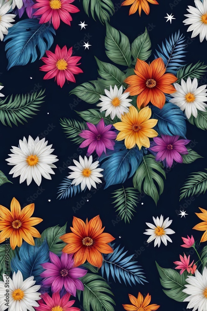 Vibrant flower painting set against dark backdrop. Bright colors of flowers pop out, creating visually appealing, captivating piece of artwork. For art, creative projects, fashion, style, magazines. Vibrant flower painting set against dark backdrop. Bright colors of flowers pop out, creating visually appealing, captivating piece of artwork. For art, creative projects, fashion, style, magazines.