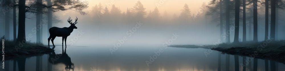 Abstract illustration blurred forest landscape with deer in fog. Background for design, space for text.