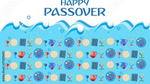 Happy Passover banner greeting card with decorative traditional icons Kiddush cup, four wine glass, matzo matzah Jewish traditional bread for Passover Seder, Pesach plate, vintage Haggadah vector sign