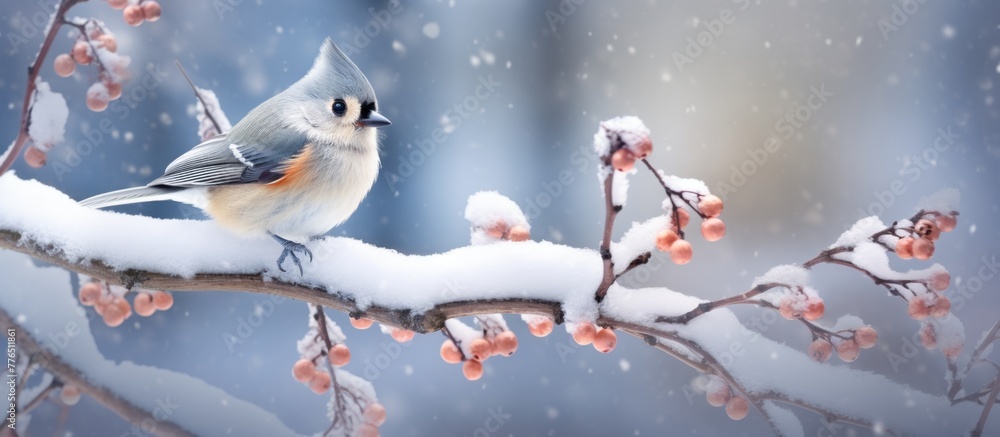 A small araffy bird with colorful feathers is perched on a bare branch covered with red berries in the cold snowy weather