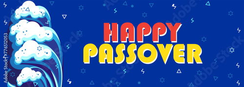 Passover Exodus from Egypt Hebrew: "Happy Passover!" Pesach Jewish Holiday poster. Moses parting the Red Sea, Israelites cross on dry ground waves sky, manna matzah, Egyptian pyramids Sinai desert art