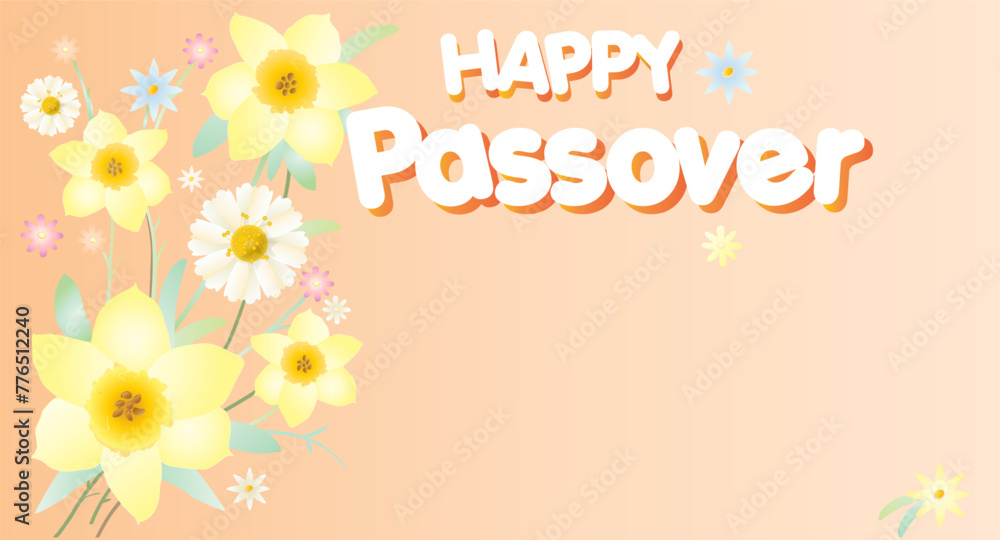 Happy Passover floral banner greeting card with decorative Spring yellow flowers peach color background for Passover Seder decoration, Pesach headline page, brochure cover, place for text
