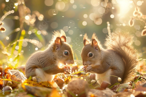 Sweet baby squirrels nibbling on nuts and acorns in a sun-dappled clearing of a lush forest, their tiny paws captured in stunning HD detail