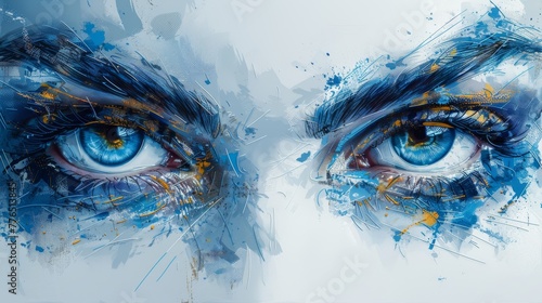 An abstract illustration of blue and white with broad expressive brush strokes with a face. 