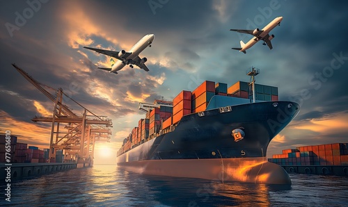 Transportation and logistics of Container Cargo ship and Cargo plane