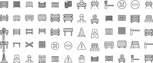 Road block and pedestrian barrier editable stroke thin linear outline icons set isolated on white background flat vector illustration. Pixel perfect. 