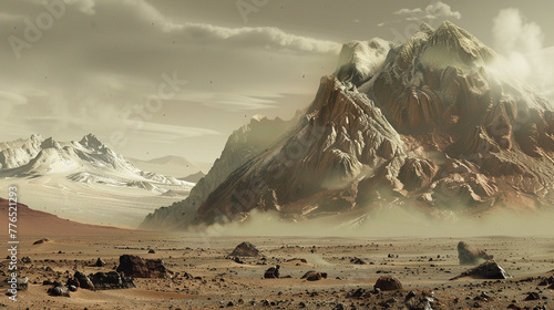 The rugged beauty of the Martian landscape, with its rocky terrain and towering volcanoes