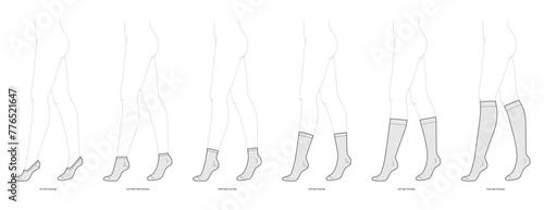 Set of stocking hosiery Invisible, low high ankle calf, knee high length hose. Fashion accessory clothing technical illustration. Vector, side view for Men women style, flat template CAD mockup sketch photo