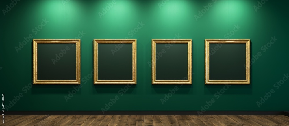 Wall painted green with three picture frames mounted on it. The frames are empty and there is a wooden floor below. Wall painted green with three picture frames mounted on it. The frames are empty and there is a wooden floor below.