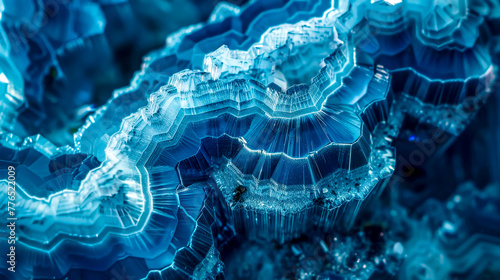 Close-up of blue bismuth crystals with geometric patterns