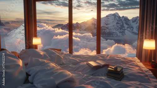 cozy bedroom with white bed sheets large window, There is a book on the bed, and a snow scene from the window