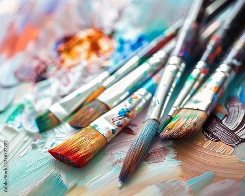 Colorful brushes and a paint-splattered palette rest on an artist's studio table, ready for creative expression