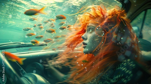 Fantastical Undersea Journey Girl with Flame-Colored Hair Amongst Swimming Fish in a Submerged Vehicle