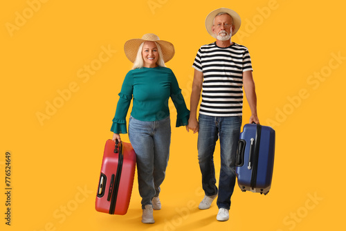 Senior couple with suitcase...