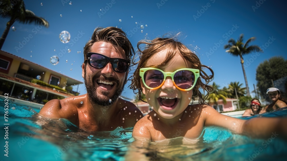 A family on vacation with children relaxing in the pool. Active recreation. Happy travels. Generative AI