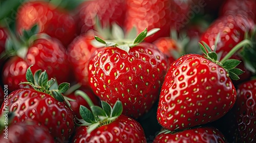 Ripe strawberries background. Ripe juicy 3d strawberries. Berry background. Strawberry pattern for printing on fabric, paper, wallpaper. Strawberry wallpaper, print, banner. Fruit background.