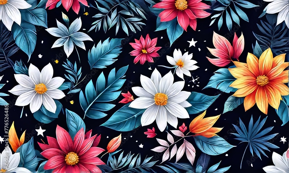 Image features striking contrast between vivid colors of flowers, dark backdrop, creating visually appealing, dramatic composition. For interior design, textiles, clothing, gift wrapping, web design. Image features striking contrast between vivid colors of flowers, dark backdrop, creating visually appealing, dramatic composition. For interior design, textiles, clothing, gift wrapping, web design.