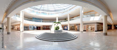 360 equirectangular panorama of a white futuristic atrium with a round skylight and circular steps