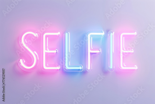 Glowing neon 'SELFIE' sign in a soft gradient of pink to blue hues against a grey backdrop, exuding a dreamy, surreal aesthetic.