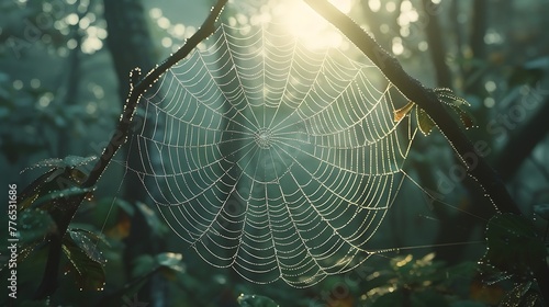 The delicate intricacy of a spider's web spun between branches beside the trail photo