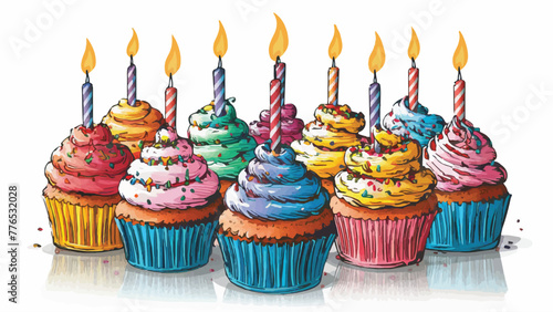 Delicious Birthday Cupcake  Vector Illustration with Candle on White Background