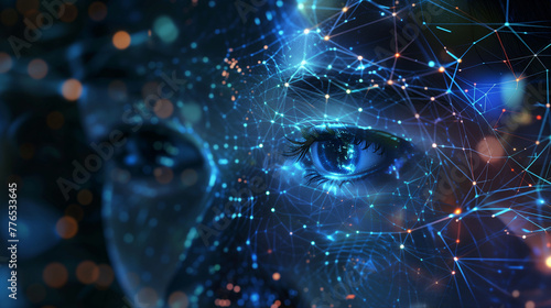 Graphic illustration of artificial intelligence. Futuristic portrait of a woman's face with a neural network or virtual data network superimposed or in double exposure. Concept of artificial intellige photo