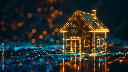 digital house with glowing data stream , ai in smart home technology, automation and remote control of household appliances, security systems, energy management for enhanced comfort. 