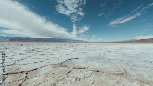 The stark beauty of a salt flat, with the ground creating natural geometric patterns that stretch to the horizon. The sky reflects in any standing water creating a seamless blend between earth and sky