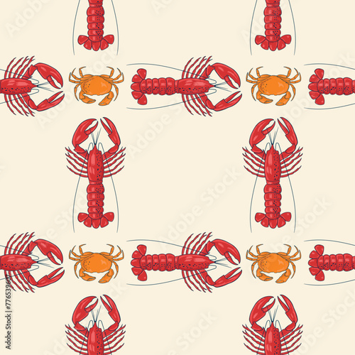lobster, sea shell, ocean, marine, summer beach, coastal, tropical seamless pattern background, print, pattern, greeting card, banners, web, wrapping paper, fashion, fabric, textile, wallpaper, cover 