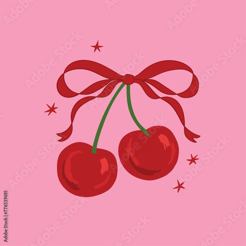 cherry, ribbons, bow, coquette, girly background, print, greeting card, banners, web, wrapping paper, fashion, fabric, textile, wallpaper, cover