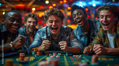 A group of happy laughing friends playing poker. 