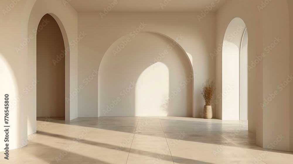A large white room with arched windows, polished wooden floor and modern furniture A large white room with arched windows, polished wooden floor and modern furniture