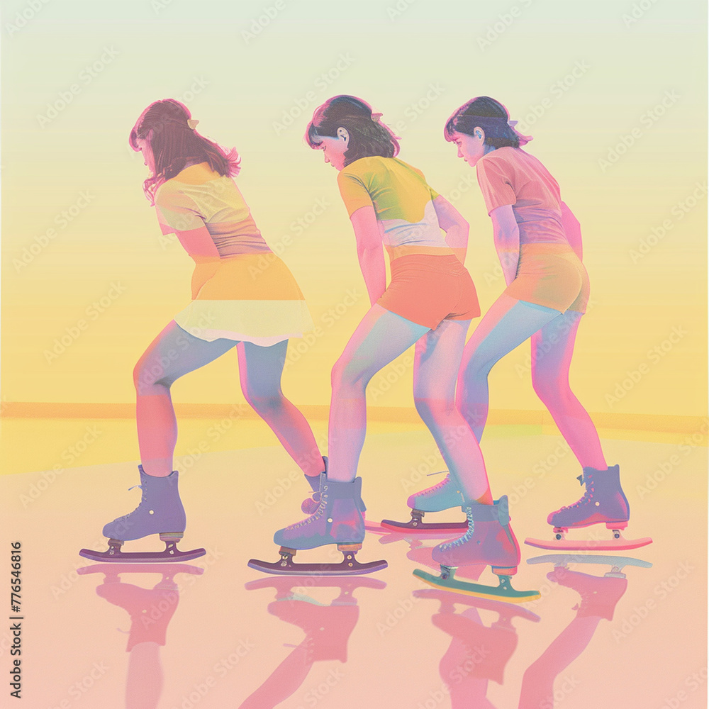 Grupo de chicas patinando en quads, ilustración digital en tonos pastel Grupo de chicas patinando en quads, ilustración digital en tonos pastel