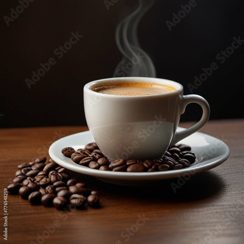 Cup of warm coffee and coffee beans, angle photography