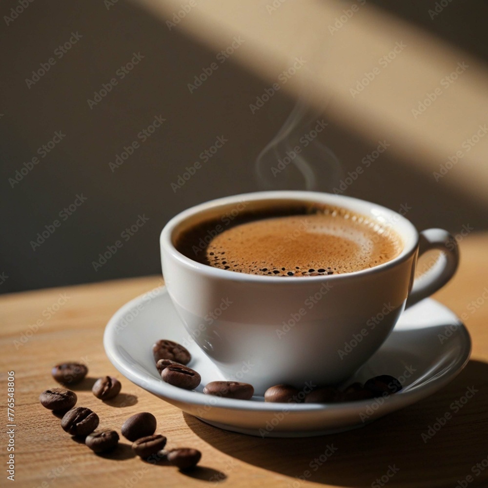Cup of warm coffee and coffee beans, angle photography. Cup of warm coffee and coffee beans, angle photography.