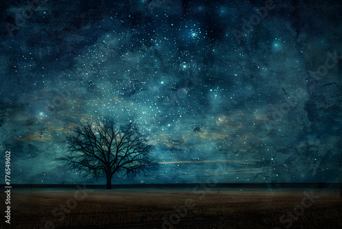Lone Tree Under Azure Sky: A Celestial Dance Amid Stark Landscape on Vintage Vinyl Cover © Albert