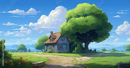 the house is an example of an animated animation, in the style of american scene painting, fairy academia, detailed character design, cottagepunk, detailed skies, cranberrycore, 2d game art photo