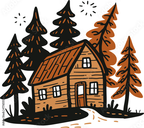 A quaint cabin nestled among forest pines, ideal for stories about rural escapes and eco-friendly living.