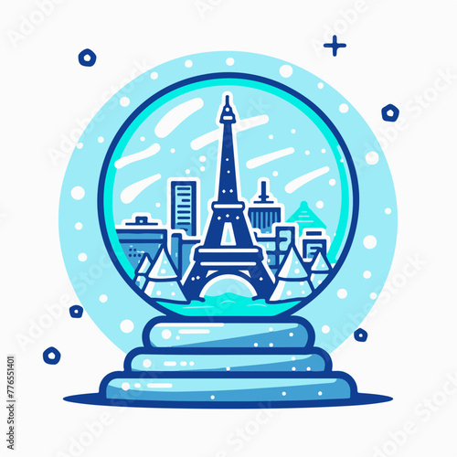 A whimsical illustration of a snow globe with Parisian landmarks, perfect for travel fantasies and francophile gift items.