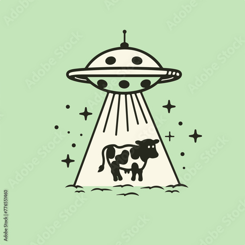 A quirky graphic of a cow being abducted by a UFO; perfect for novelty designs, amusing t-shirts, and sci-fi themes.