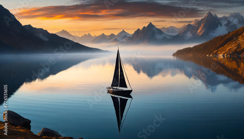 Serene dark silhouette sailboat on calm water, symbolizing peace and freedom photo