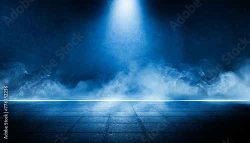 abstract light background, dark blue background, an empty dark scene, neon light, spotlights The asphalt floor and studio room with smoke float up the interior texture. night view