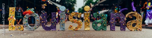 Bokeh Effect Mardi Gras Celebration in Louisiana with Decorative Lettering and Festive Colors