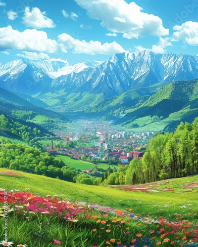 Idyllic Mountain Town View with a Field of Colorful Flowers in the Foreground