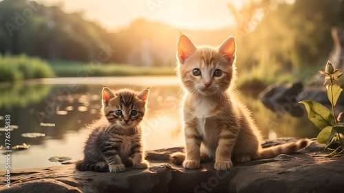  A heartwarming scene capturing a kitten and a puppy sitting side by side near the edge of a tranquil pond. The soft glow of sunrise reflects beautifully on the water, mirroring the adorable pair 